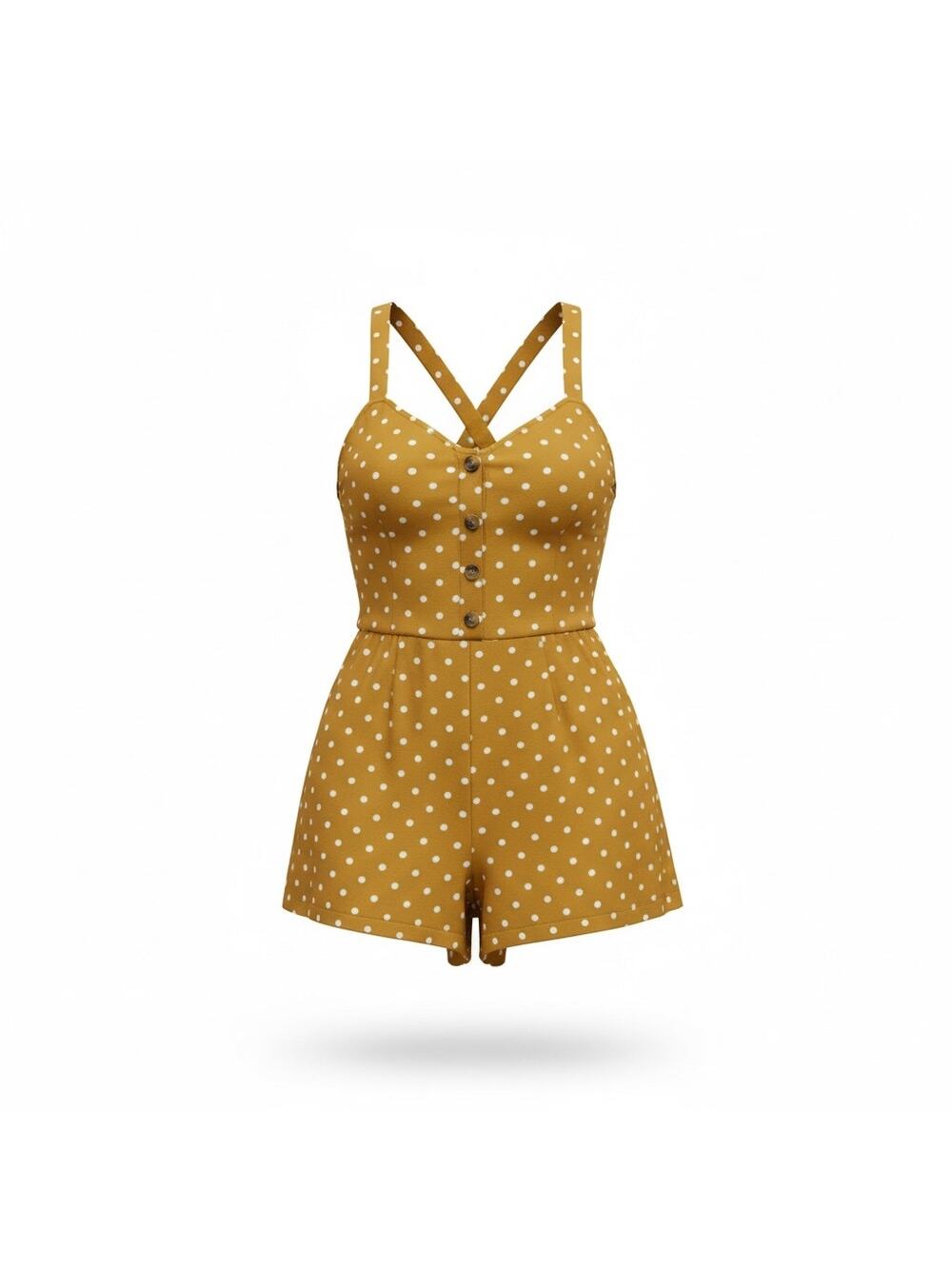 American Eagle Mustard Yellow Polka Dot Romper XS Button Front Cross Back Summer - Picture 2 of 11